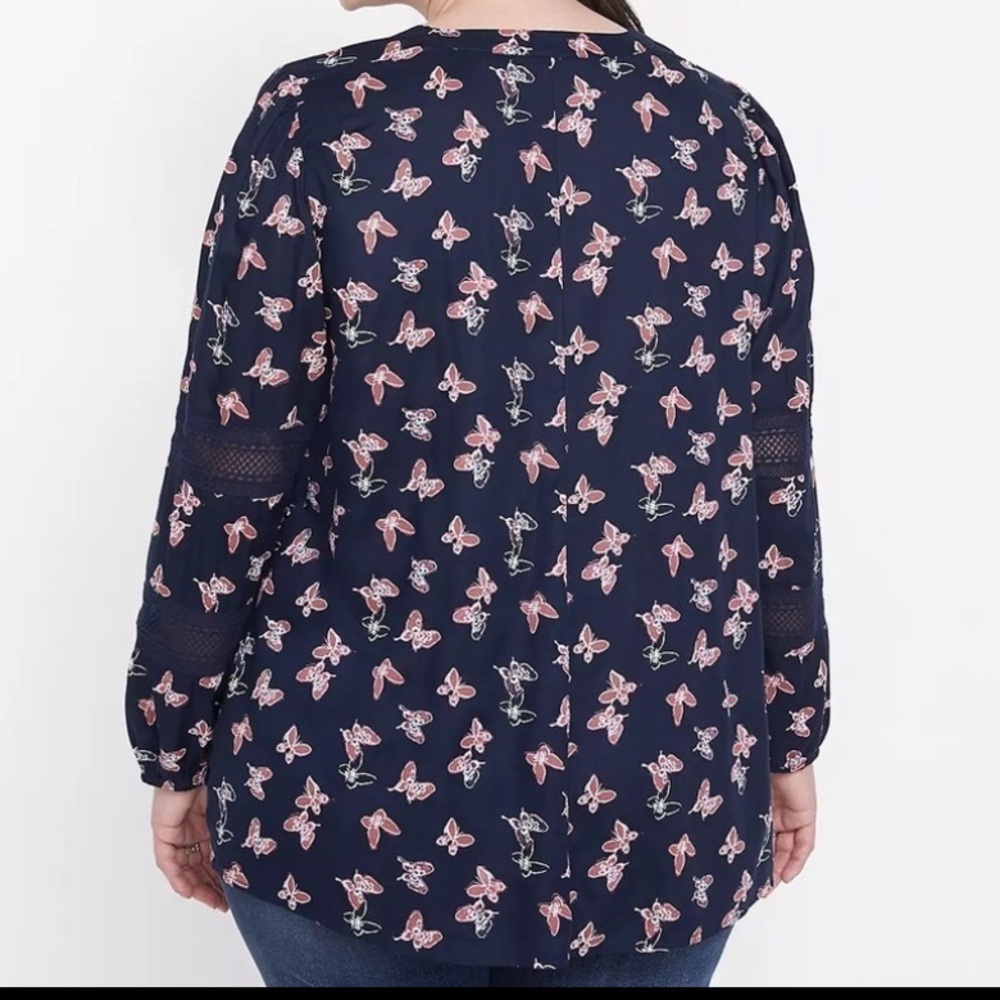 Lane Bryant NoPeek ButtonFront Lace Trimmed Top LongSleeve Inky Butterfly 22/24 - Picture 2 of 15